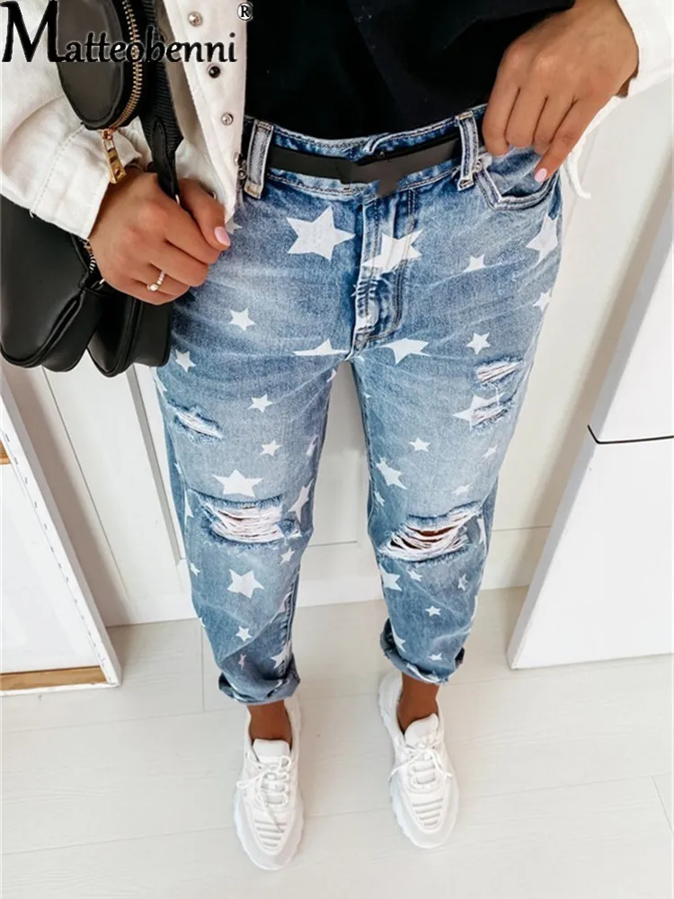 Höst pojkvän jeans kvinna smala hål jeans för damer med fempoängstjärna rippade jeans street casual blue denim byxor 220526