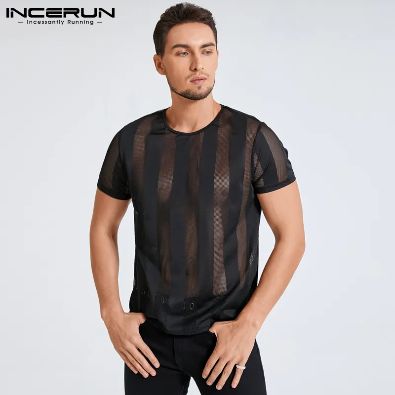 Homens de verão listrado camiseta t camisa de malha transparente o pescoço de manga curta sexy tee tops festa casual camisetas incerun 7 220407