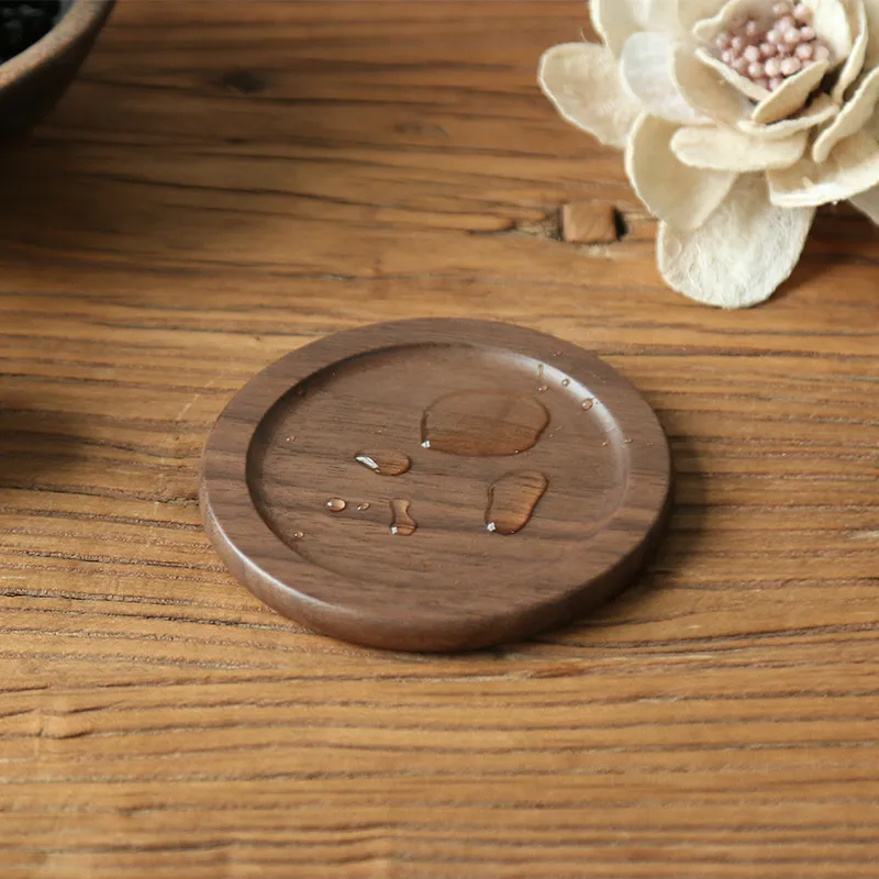 Japanese-style Wooden Coaster Set Black Walnut Solid Wood Round Placemat Heat Pad Boxed