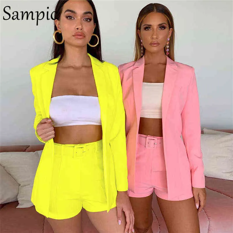 Sampic Casual Blazer Pant Suits Long Sleeve Women Two Piece Set White Pink Yellow Summer Autumn Shorts Set T220729