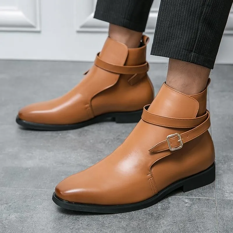 Män ankelstövlar affärsformella skor låg klackspänne rund tå dekoration brittisk stil mode retro mångsidig dh903