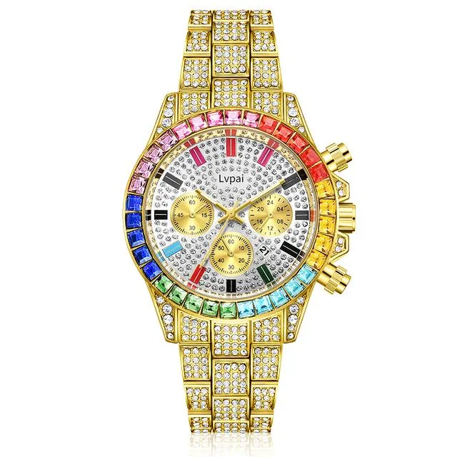 Montres-bracelets Montres à quartz de marque Lvpai avec micro pavé glacé pierres colorées zircone cubique en acier inoxydable horloge hip hop pour 280D