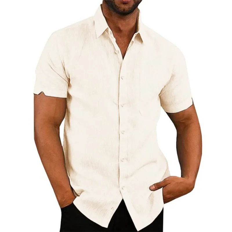 100% bomullslinje Mäns kortärmade skjortor Summer Solid Color Turn-Down Collar Casual Beach Style Plus Size 220801