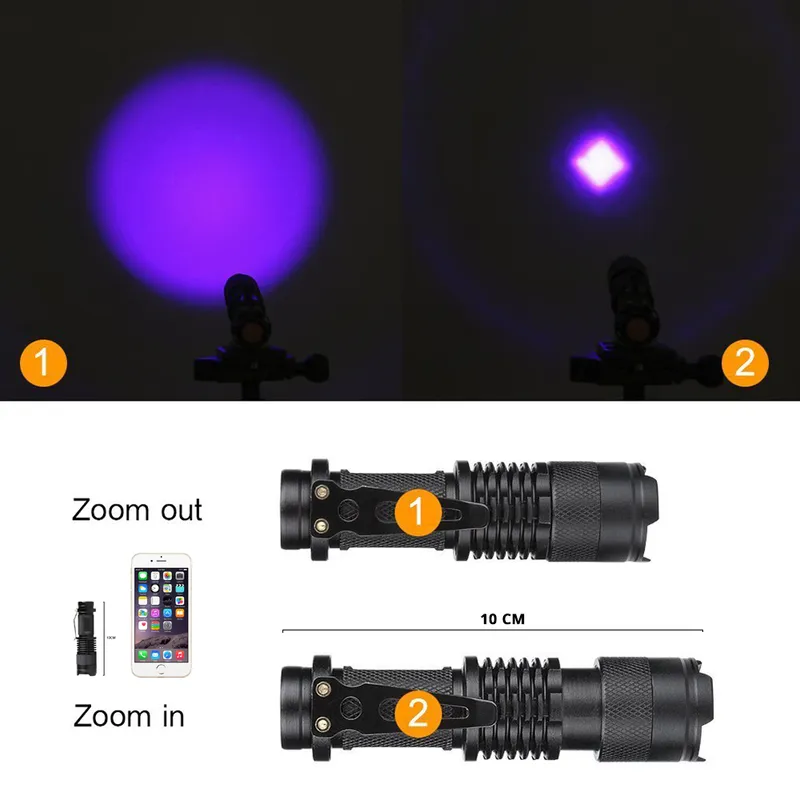 Lampe de poche UV 365NM Lumière ultraviolette avec fonction zoom Mini lumière noire UV Détecteur de taches d'urine pour animaux de compagnie Scorpion Utiliser une pile AA 220708