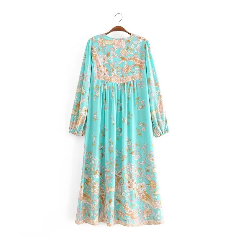 BOHO vert menthe gland laçage col en V emplacement fleur imprimé robe longue hippie femme à bretelles manches longues robes de vacances plage 220511