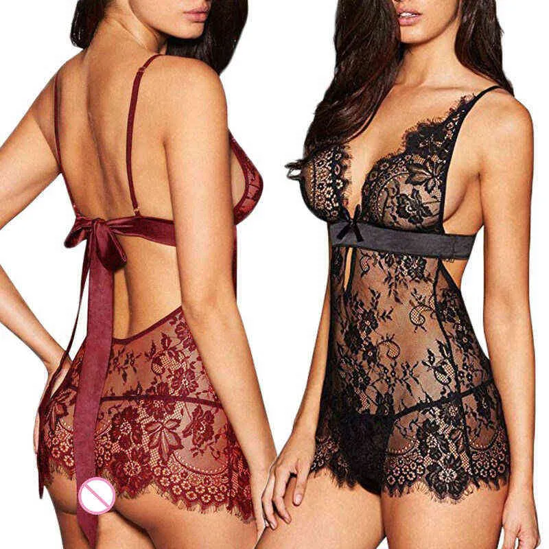 Plus Tamanho XL Roupas Exóticas Mulheres Sexy Lingerie Bordas Vestido Roupa Black Red Babydoll Nightwear G-String Nightwear Conjuntos exóticos L220727