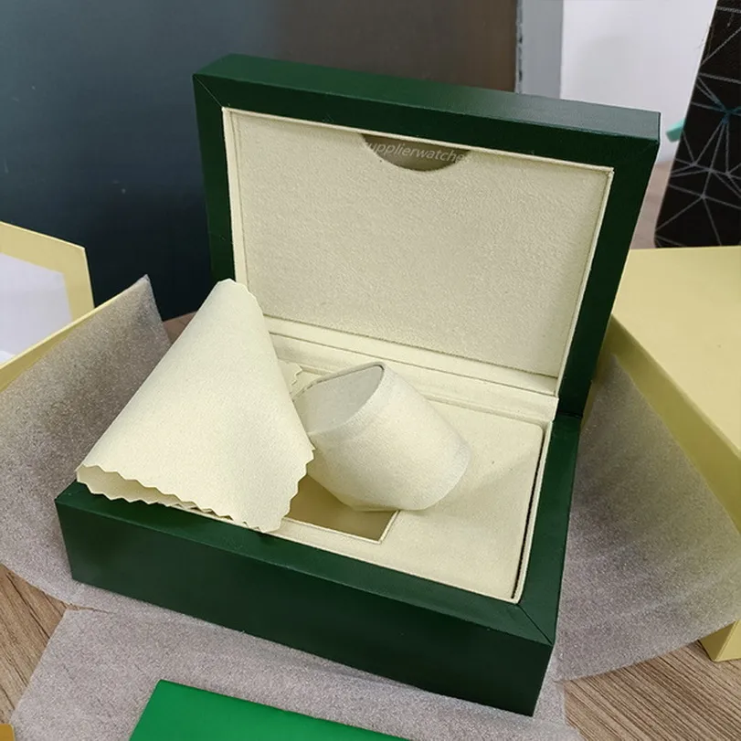 Estuches de lujo Diseñador Cajas de alta calidad Caja de reloj verde oscuro Caja de regalo Woody para relojes Rolex Folleto Etiquetas y papeles de tarjetas en Eng302C