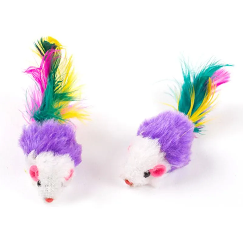 Cute Mini Soft Fleece False Mouse Cat Toys Colorful Feather Funny Playing Training Toys For Cats Kitten Puppy Pet Supplies