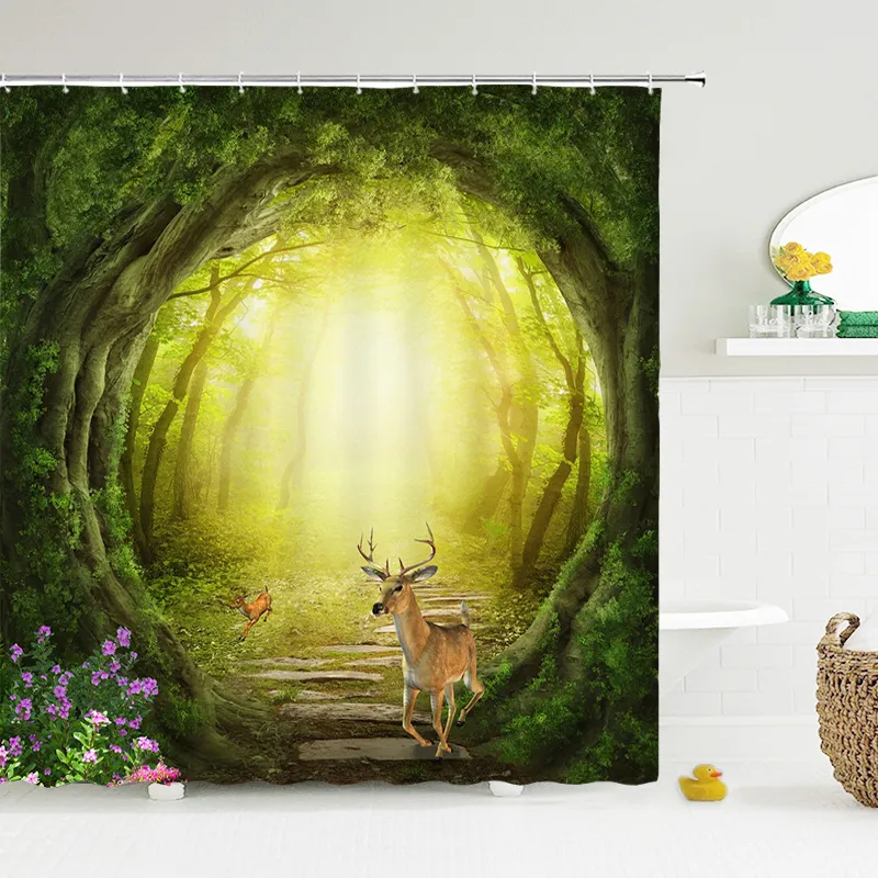 Cortina de bosque de impresión 3D moderna Cortina de bosque verde cortina de baño para paisaje de planta verde con ganchos para paisajes impermeables de baño 220517