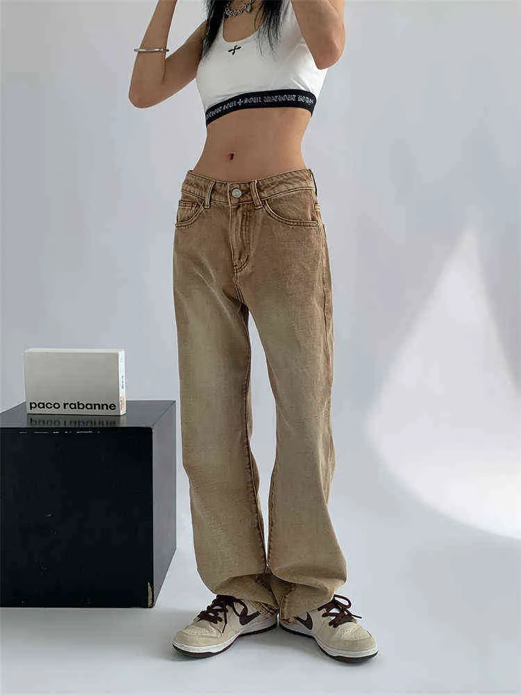 American Retro Pocket Khaki Jeans Women's Spring and Summer New Street Design Neutral Loose Straight Denim Trousers Female Pants T220728