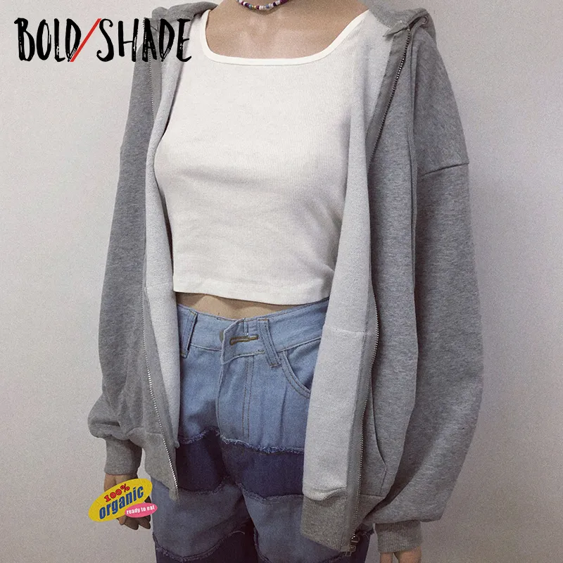 Bold Shade Indie 90s Streetwear Fashion Hoodies Women Grunge Unicolor Sweatshirts Long Sleeve Pockets Zipper Y2K Hoody Outwear 220722