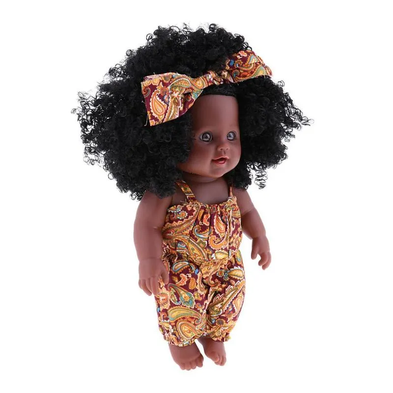 12 inch African American Doll Black Baby Girl figuren met hoofdband, oranje rompertjes, spelen poppen voor kinderen Perfect Gift 220329