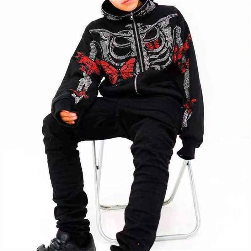 Zip Hoodie Herr Y2K kläder Hoodie Mode Luvtröjor Goth rhinestones Butterfly Skeletttryck Långärmad tröja Oversized topp