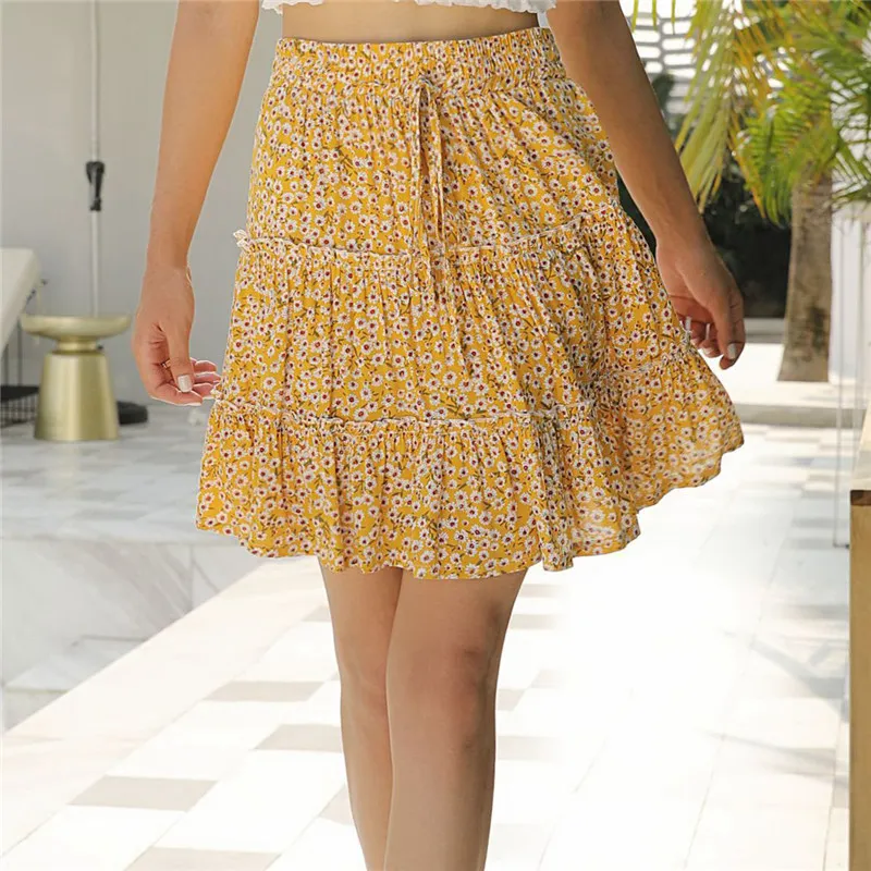 Fashion Boho High Waist Floral Mini Skirt Summer Casual Sweet Kawaii Yellow Flower Woman Short Skirt Jupe 220523