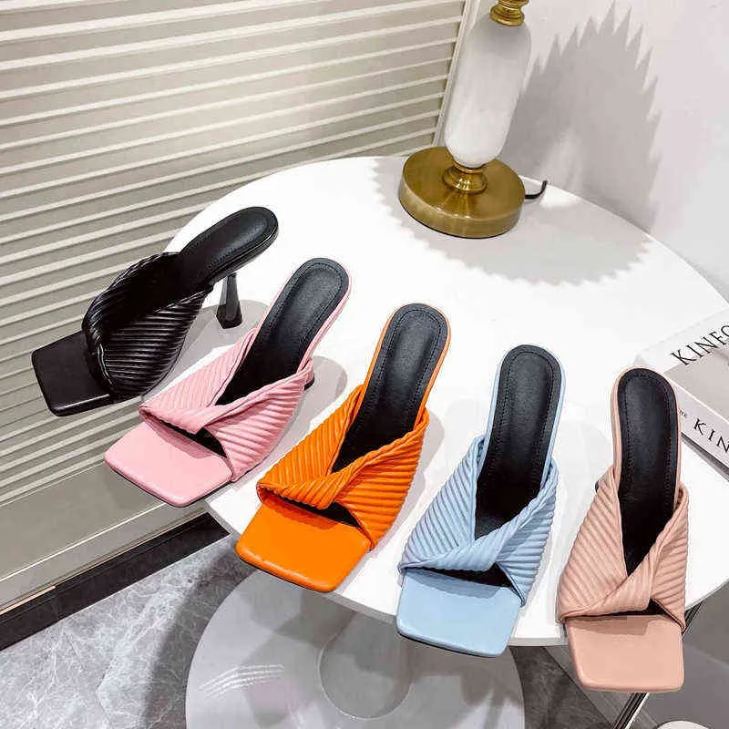SUOJIALUN New Brand Summer Pleated Women Slipper Ladies Elegant High Heel Sandal Shoes Peep Toe Outdoor Slides Slip On Flip Flop 220627