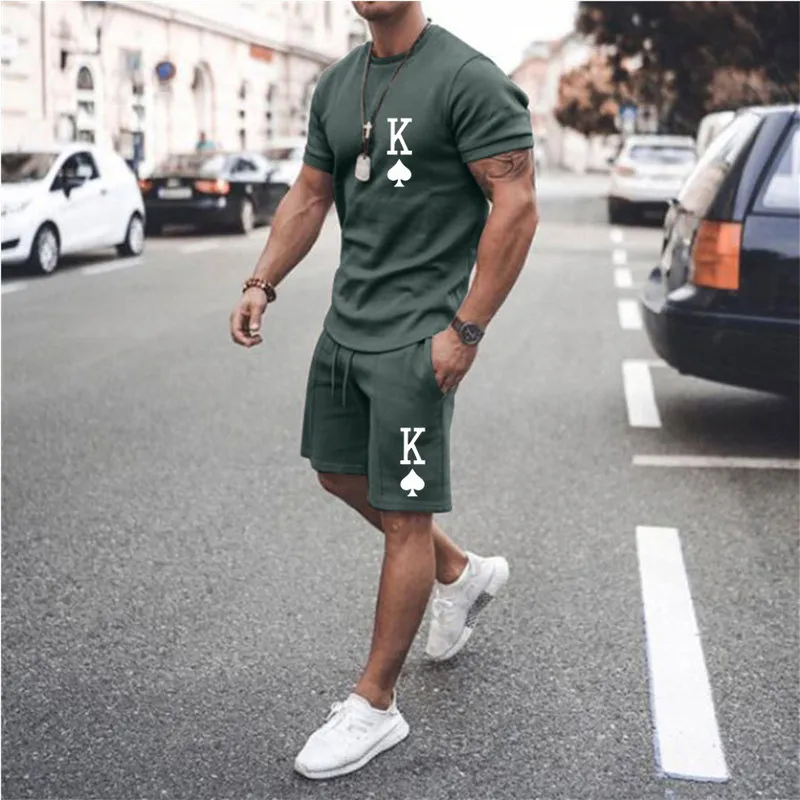 Męska sportowa stała kolor litera k druk nadruk tshirt kombinezon letni moda na świeżym powietrzu Sports Shorts Suit 2 -Scech Set 220608