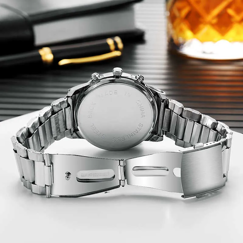 Mode heren luxe drie-ogen stalen band roestvrij kwarts horloge zakelijke klok