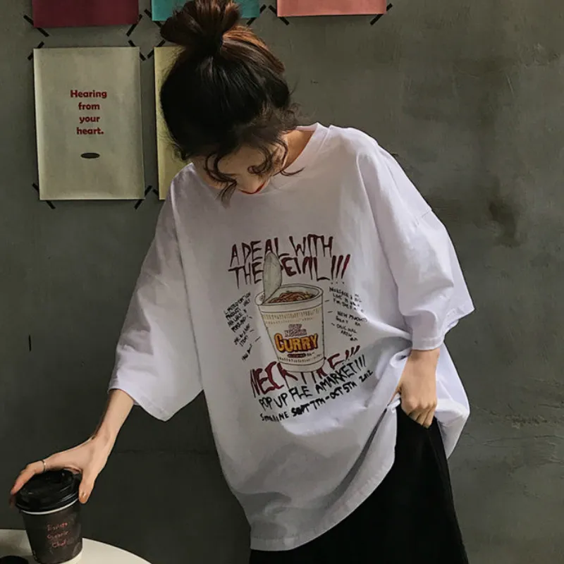 Krótkie rękawie Tshirty Kobiety Wydrukowane szykowne luźne letnie tee harajuku w Ins Bf Tshirt w stylu koreański Hiphop Ulzzang Fashion 220615