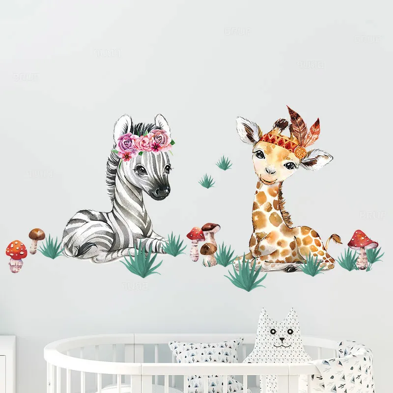 Acquerello Cartoon Africa Animali adesivi murali prateria camera dei bambini Baby Nursery Room Decoration Adesivi giraffa elefante 220727