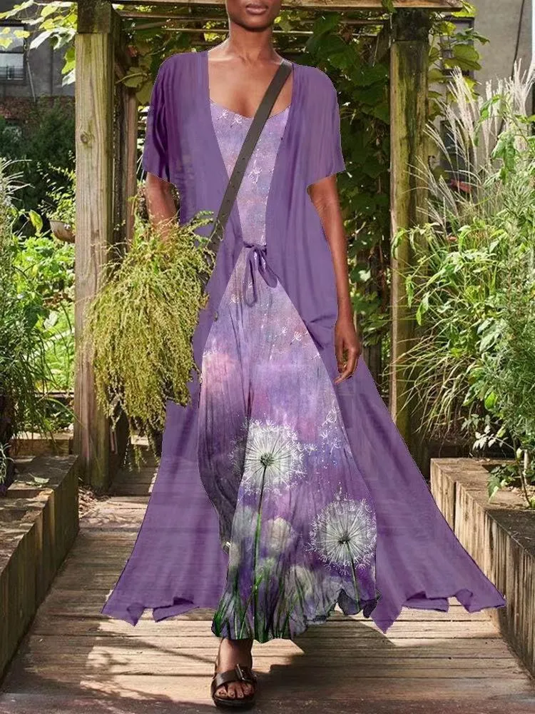Chinese stijl zomer maxi jurken voor vrouwen massief vest sjaal en bloemenprint riem maxi jurk plus size robe 220516