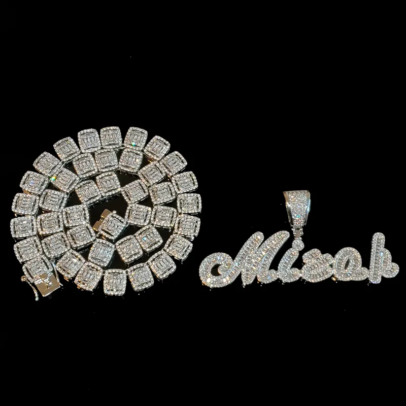 Collar de Colgante para Nombre de Baguettes personalizado de Hip Hop con cadena de cuerda, colgantes de Zirconia ostentosos de plata y oro para hombres, joyería 278Z