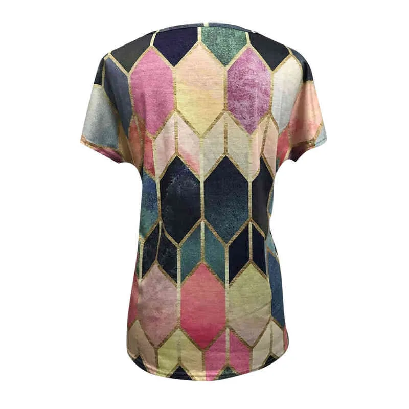 3xl blusas Mujerbluzki Damskie Fashion Geometric Rhombus Printed Shirts Women Retro Round-Neck korta ärmar Tops L220705