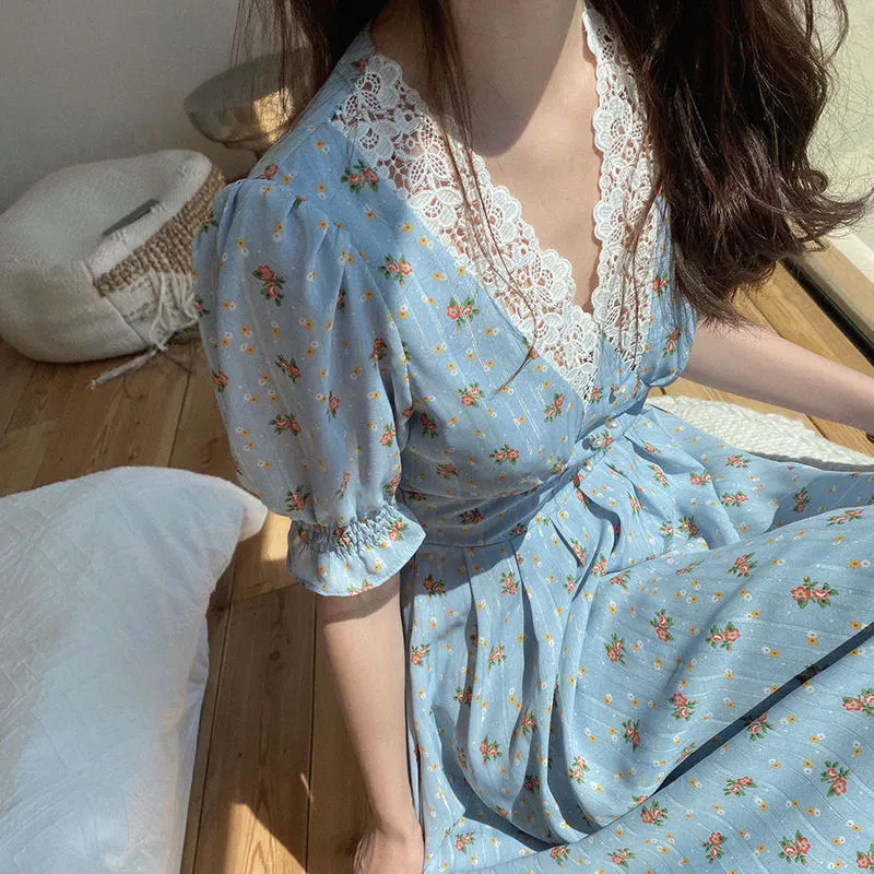 Vintage robe florale femmes élégante dentelle en mousseline de soie robe de soirée coréenne manches bouffantes col en V robe mi-longue robes d'automne pour les femmes 220705