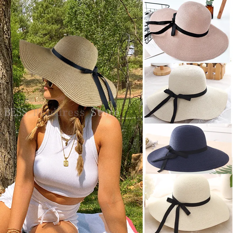 간단한 접이식 넓은 넓은 잎자루 여자 짚 모자 모자 모자 해변 여성 여름 모자 UV 보호 여행용 캡 레이디 캡 여성 220506