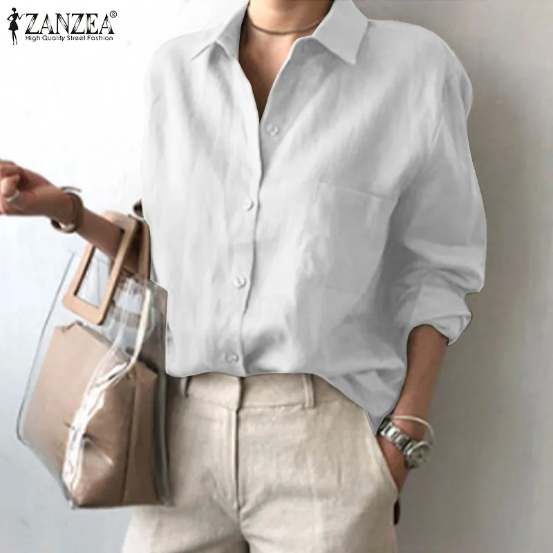 Zanzea mulheres casual solto ol camisas primavera outono manga longa blusa de negócios colarinho feminino botão túnica blusas 220623