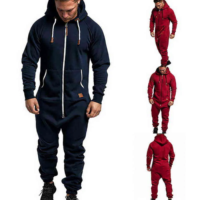 Combinaison pour hommes chauds pyjamas à manches longues pantalons de survêtement épissage automne hiver sweat à capuche décontracté mâle combinaison à fermeture éclair Streetwear salopette G1217