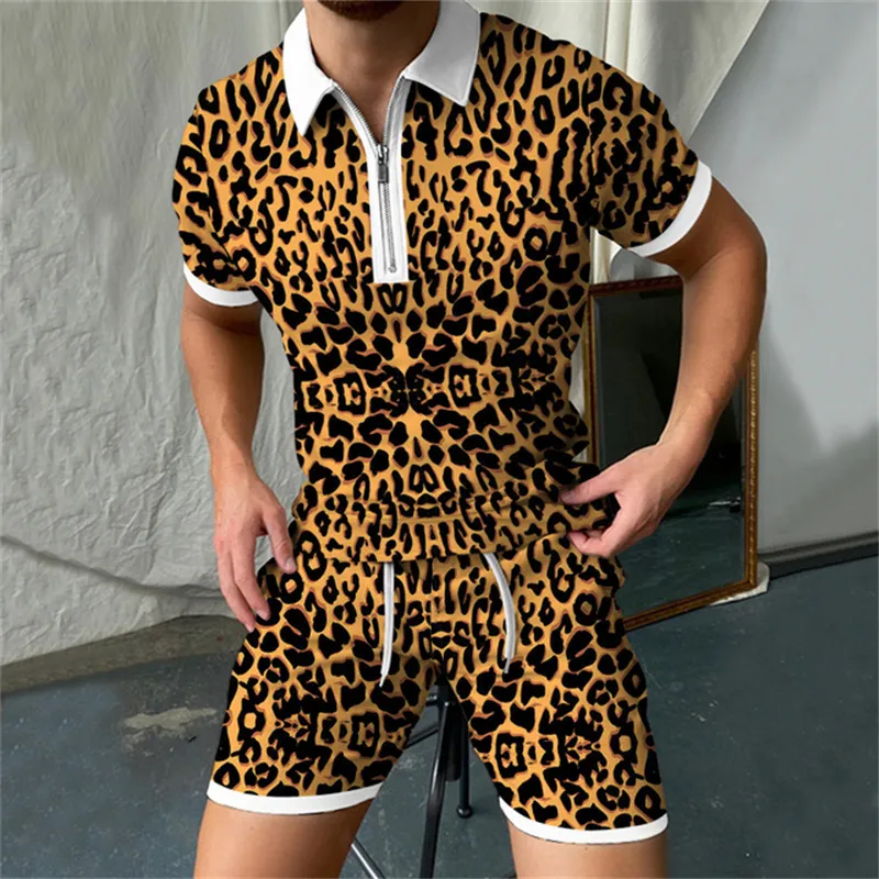 Tuta da uomo Camouflage Stampato Cerniera Risvolto Polo Set Pantaloncini da uomo estivi Manica corta Abiti oversize Streetwear 220609