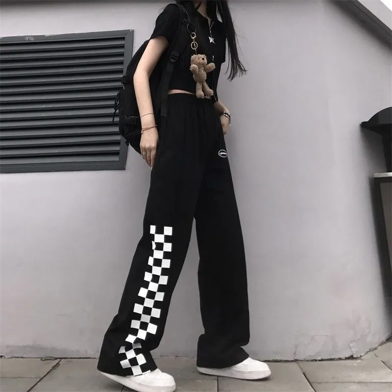 Houzhou Korean Fashion Oversize Plaid Kvinnors Sportbyxor Harajuku Jogging Balck Sweatpants Baggy Loose Wide Ben Byxor Femme 220325