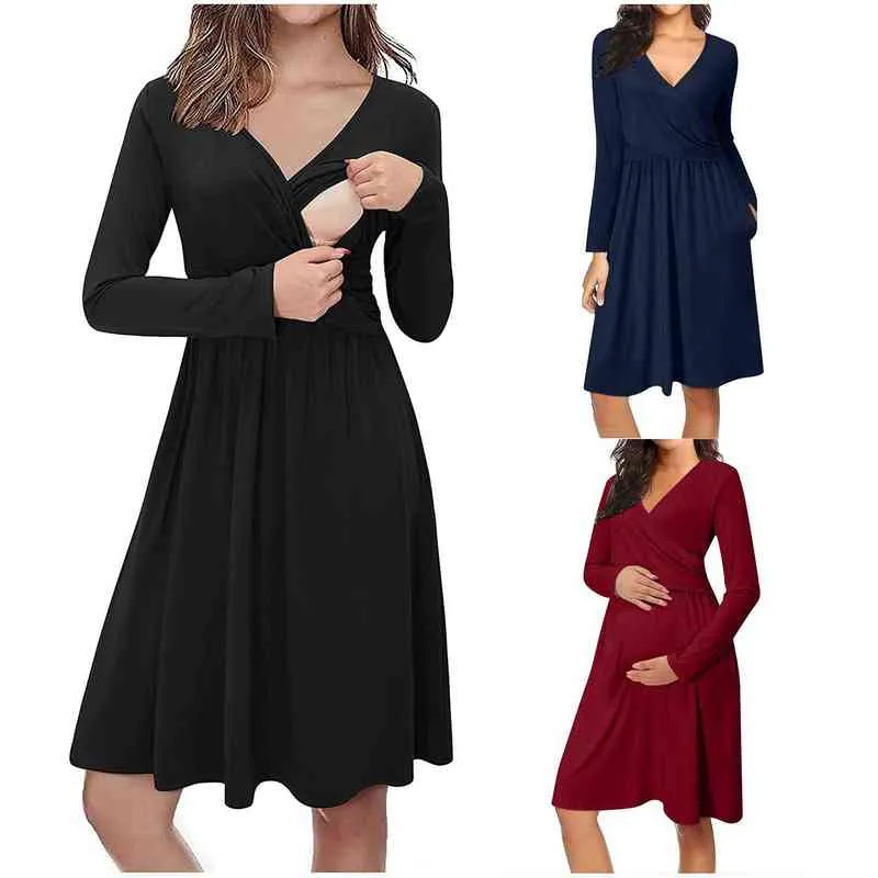 New Women's Maternity Dresses Long Sleeve Solid Color Nursing Dress Breastfeeding With Pocket G220309