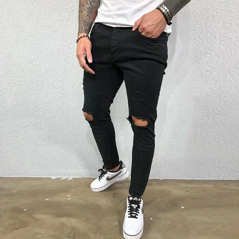 Mężczyźni dżinsy kolan rozciągnięte rozciągnięcie chude dżinsowe spodnie solidny kolor czarny niebieski jesienny lato letni styl hiphopowy Slim Fit Spodery S4XL 220803