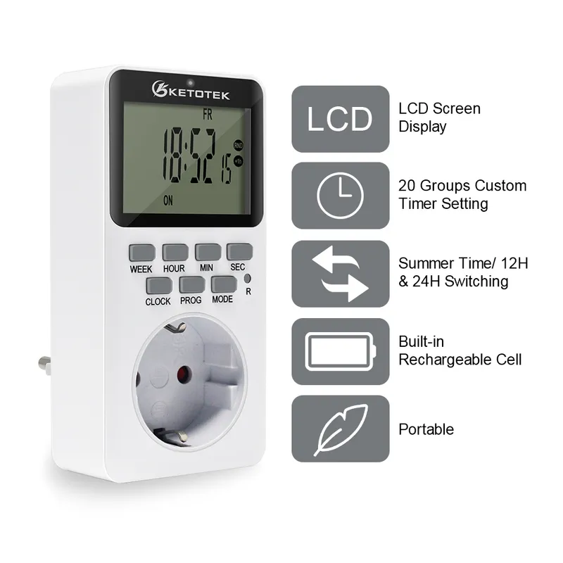 Ketotek Electronic Digital Switch EU FR BR Plug Kitchen Timer Outlet 230V 50Hz 7 Day 1224 Hour Programmerbar Timing Socket 220618