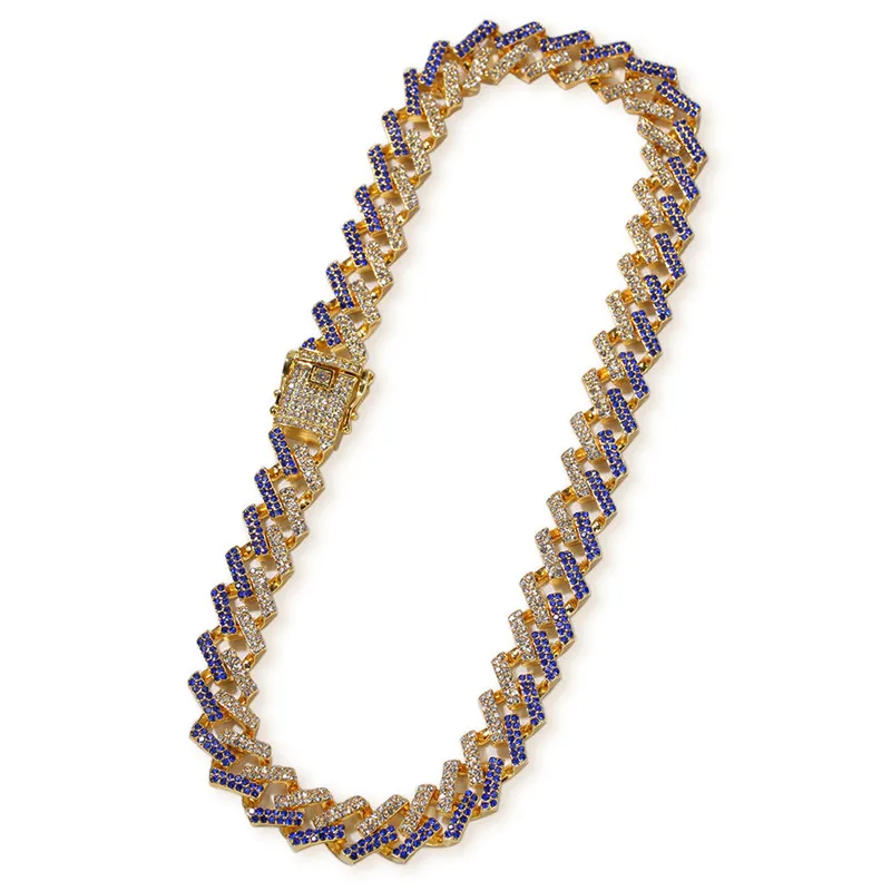 15mm diamant coloré hip hop bijoux chaîne à maillons cubains collier en or chaîne de créateur pour homme chaînes en alliage glacé bleu noir 290n