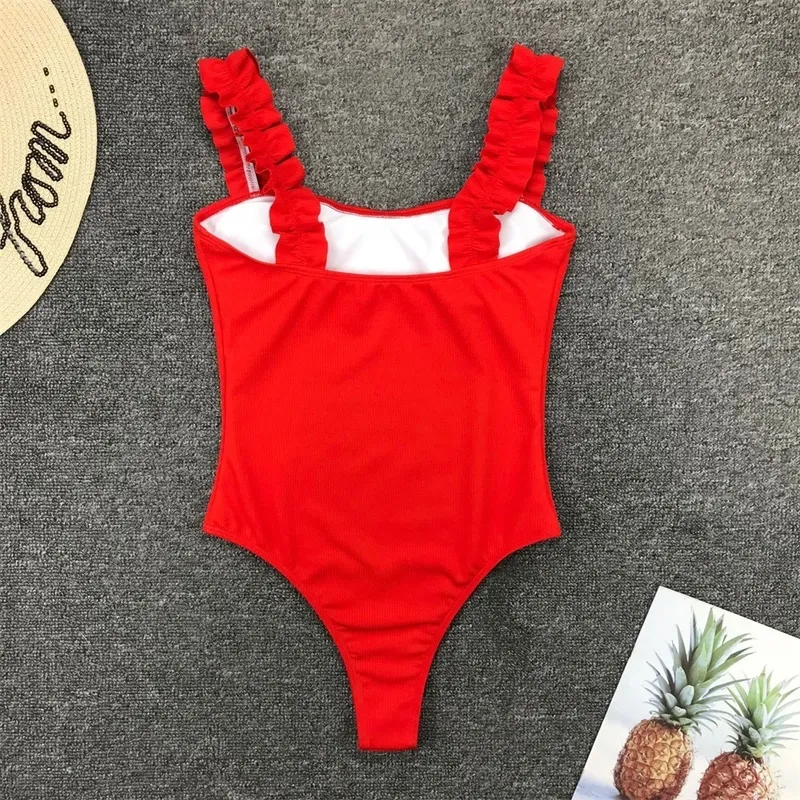 Gossina Sexig kvinnlig baddräkt Vintage Ruffled Push Up Solid Red badkläder Kvinnor Monokini Padded Bathing Suits 220527