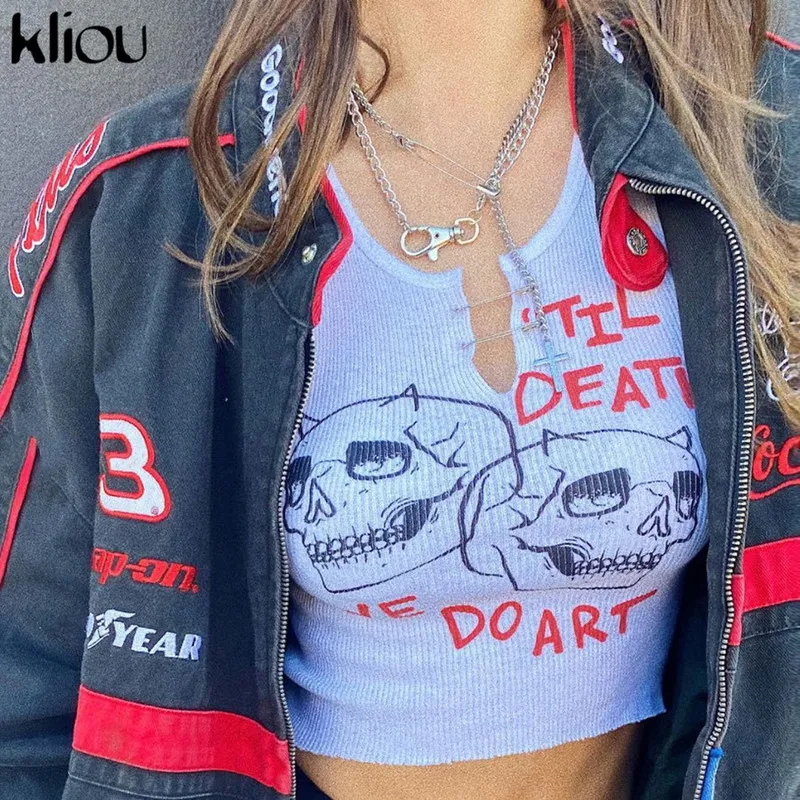 Kliou Aesthetic Graphic Cyber Y2k Streetwear Women Chic Sleeveless Activity Tank Tops Harajuku Skinny Crop Camisole 220316