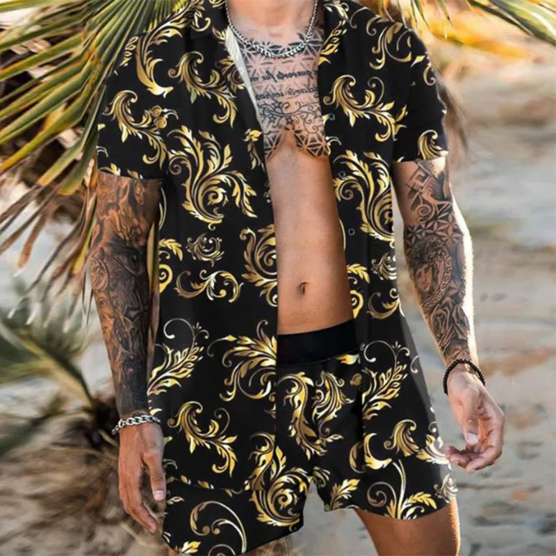 Masculino define a camisa e shorts de manga curta e shorts impressão de verão Casual Beach Duas peças roupas de moda 220615