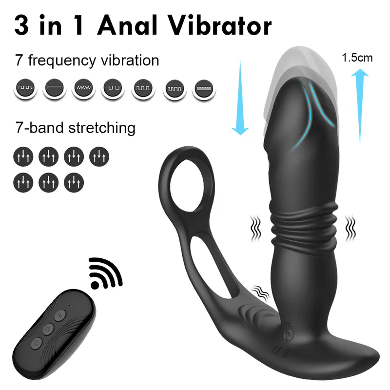 Silicone Vibrator Thrusting Prostate Stimulator Massager Delay Ejaculation Lock Ring Anal Butt Plug Sex Toys Dildos for Men 220720