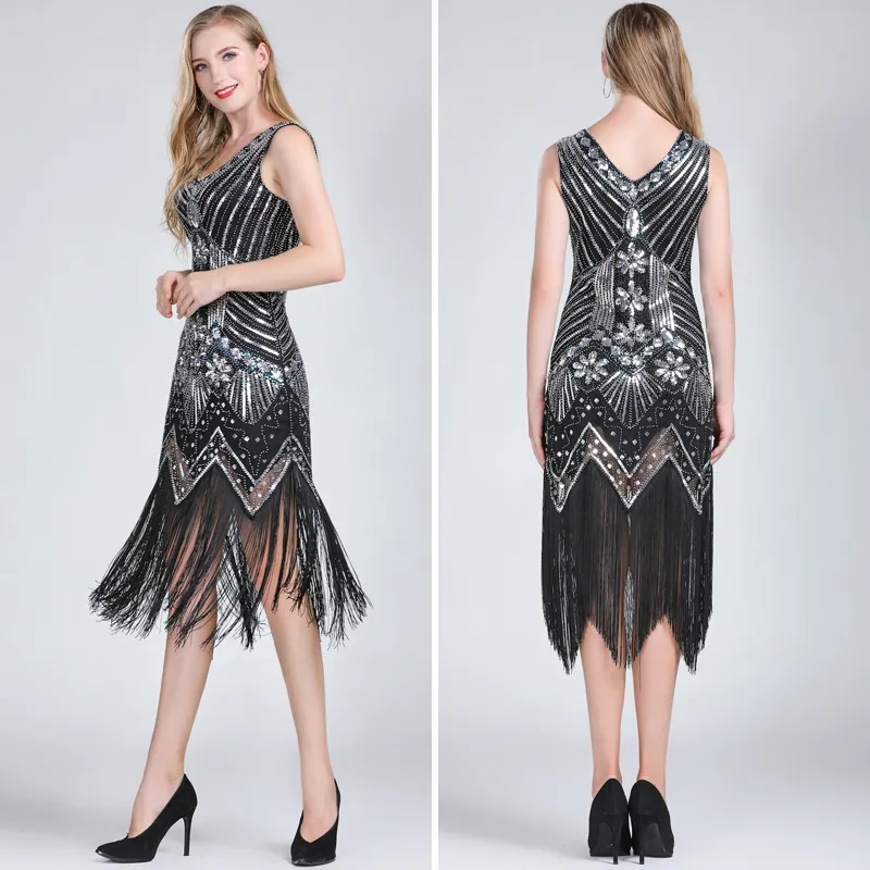 Damen 1920er Jahre Vintage Great Gatsby Kleid Doppel-V-Ausschnitt ärmelloses Perlen Pailletten Quastenkleid Art Deco Flapper Kleid für Party 220423