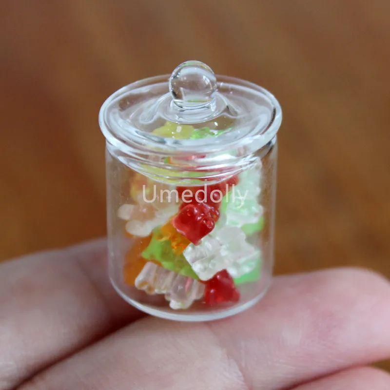 16 Scale Cute Mini Glass Candy Jar Mini Bear Jelly Drops Simulation Miniature Dollhouse Food for Barbies Blyth Doll Kitchen Toy 220725