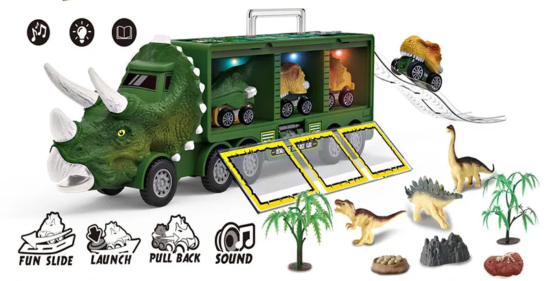 Dinosaur Transport Truck Pobrot Back Dino Can Contener Model Model oświetlenia muzyka dzieci zabawki chłopcy dziecięce prezent urodzinowy 220507