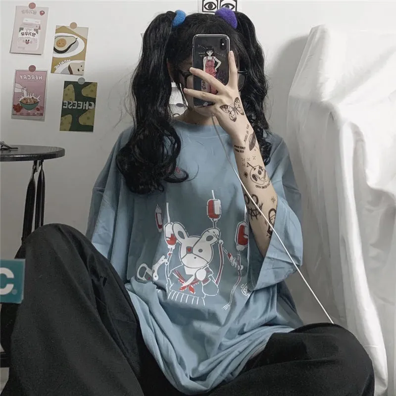 Punk été lâche Vintage femmes t-shirt Ulzzang lapin rue Harajuku dessin animé imprimé manches courtes vêtements de baisse 220602