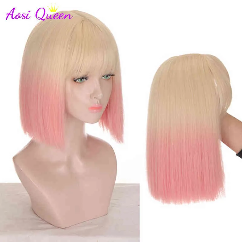 As Short Bob Wig with Bangs Synthetic Wigs for Women Ombre Black Red Purple Blonde Pink Lolita Cosplay Party Natural Hair 220622