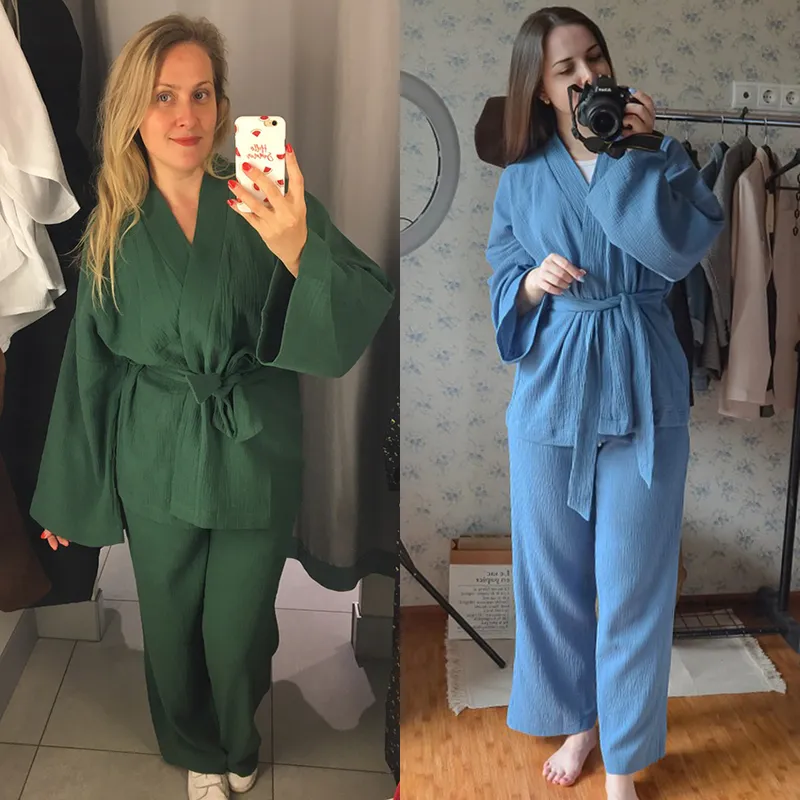 Restve Baumwolle frauen Nachthemd 2 Stück Set Drop Ärmeln Robe Hosen Anzüge Flare Weibliche Pyjamas Sommer Bademantel Für Frau 220329