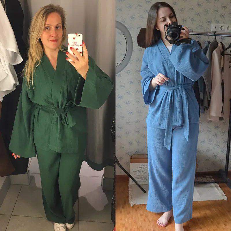 Rust Katoen Dames Nachthemd 2 Stuks Set Drop Sleeves Robe Broek Suits Flare Vrouwelijke Pyjama Zomer Badjas voor Vrouw 220329