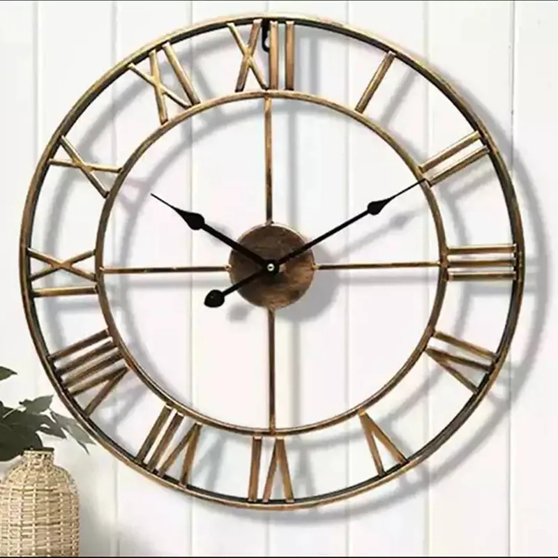 Moderne 3d grote wandklokken Romeinse cijfers Retro ronde metaal ijzer Nauwkeurige stille Noordse hangende ornament woonkamer decoratie 220801