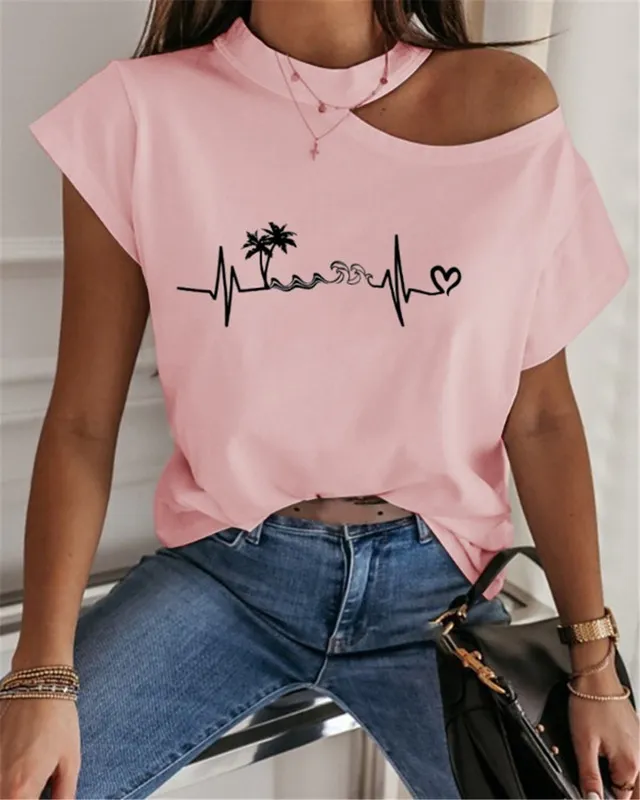 Ogólnopolskie kobiety letnie druk T-shirt seksowne ramiona O Neck krótkie rękawowe tshirt moda lady street zwykłe białe różowe topy 220511
