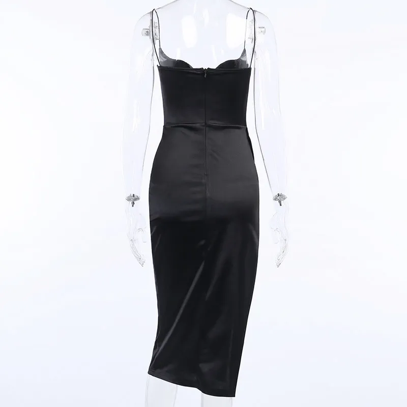 Wannathis Black Silk Dress Women Sexy Vnecklessless Hight Splist Hem kneelengle Strap Dress Dress Slim Summer Party Virts Women 220527